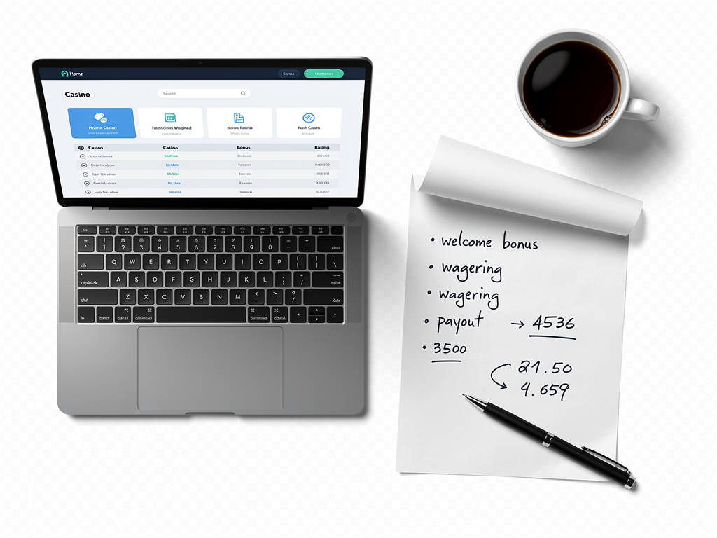 A home casino search comparison screen is open beside handwritten notes and a coffee cup.