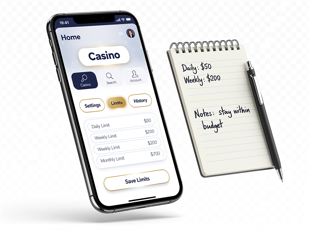 A phone shows home casino search account settings with a small notebook of spending limits nearby.