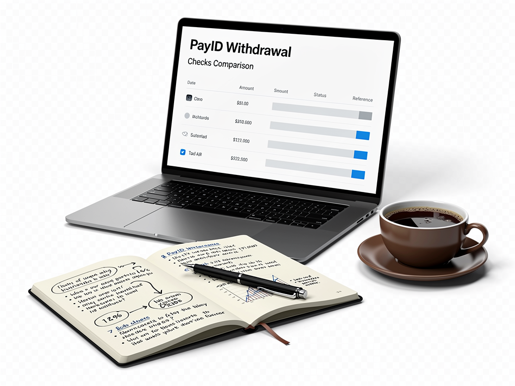A payid withdrawal checks comparison screen is open beside handwritten notes and a coffee cup.