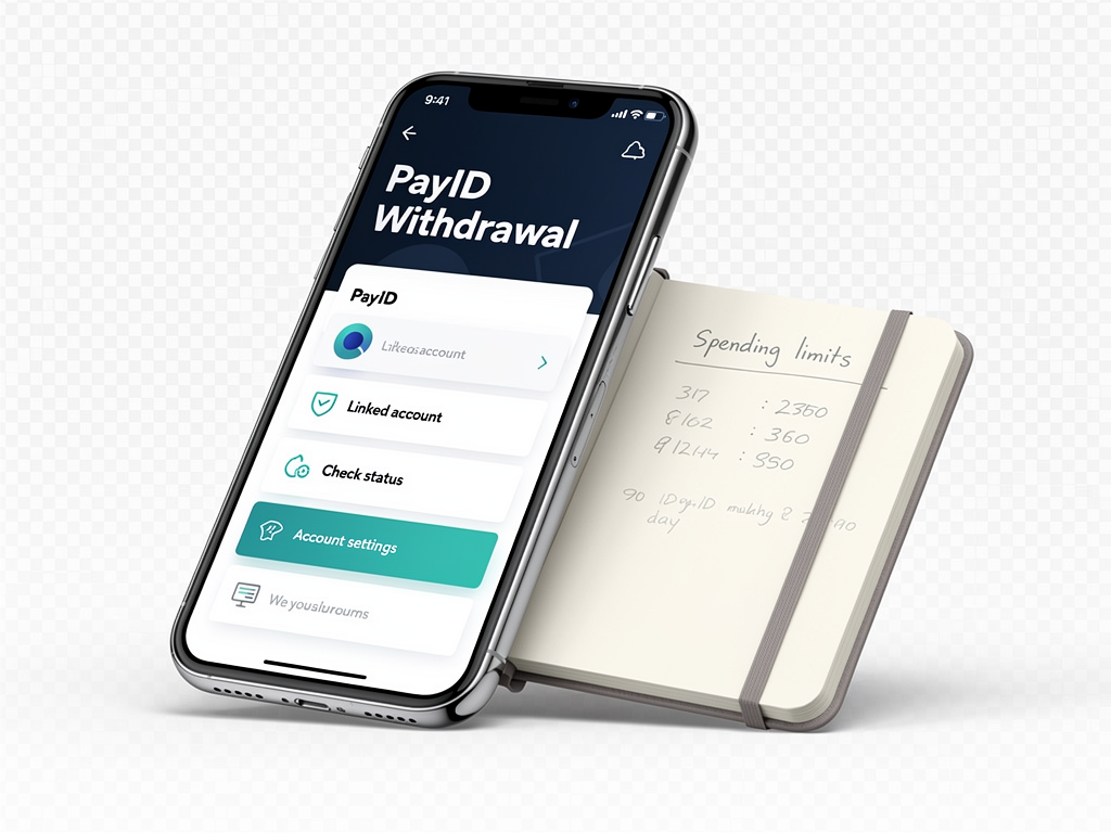 A phone shows payid withdrawal checks account settings with a small notebook of spending limits nearby.
