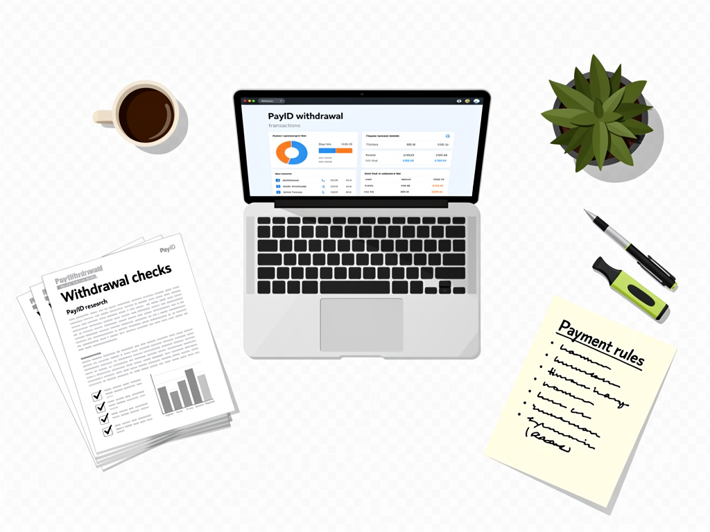A calm desk setup presents payid withdrawal checks research with payment and rules notes on paper.