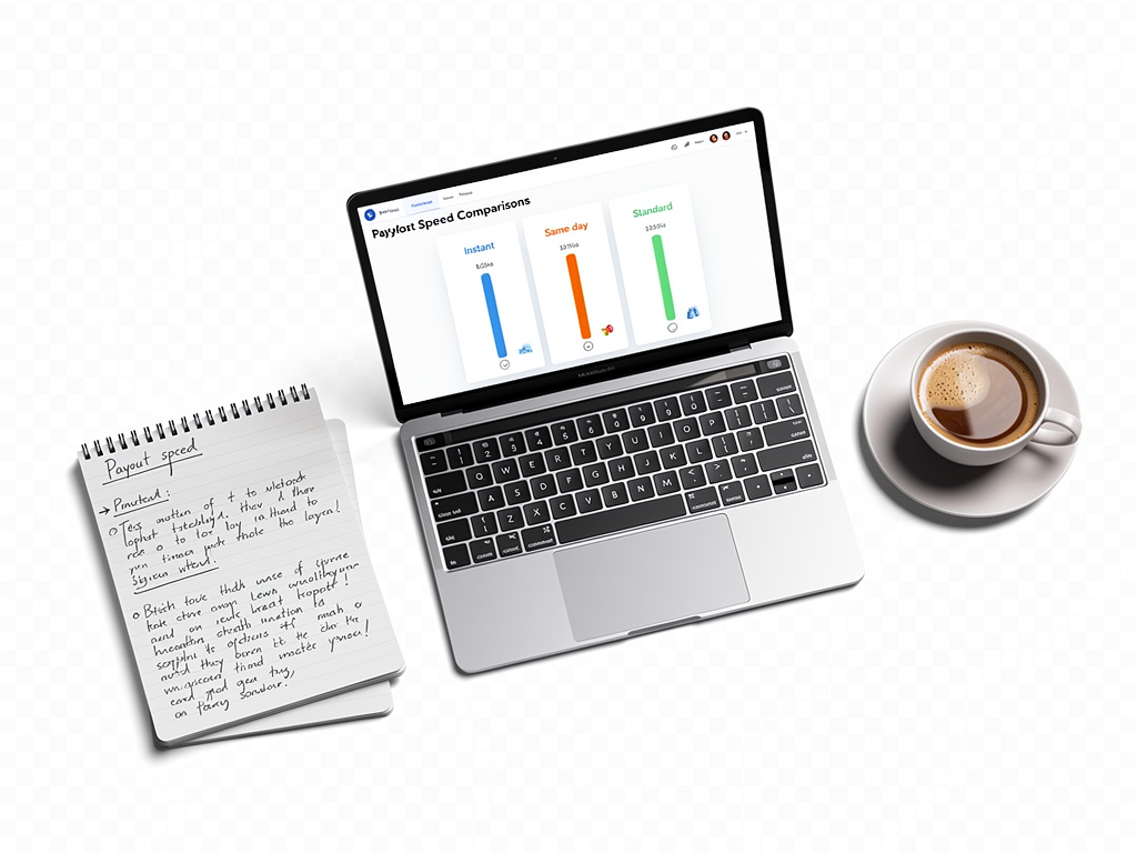 A payout speed checks comparison screen is open beside handwritten notes and a coffee cup.