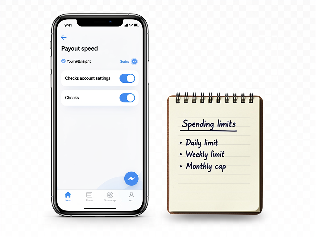 A phone shows payout speed checks account settings with a small notebook of spending limits nearby.