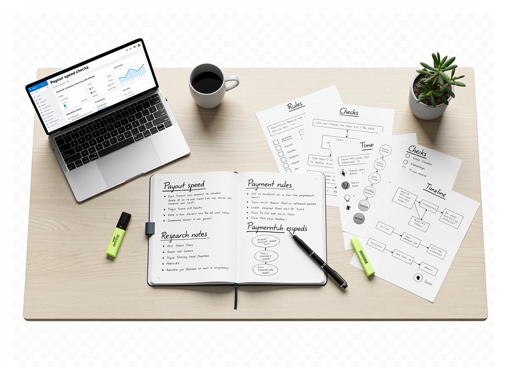 A calm desk setup presents payout speed checks research with payment and rules notes on paper.