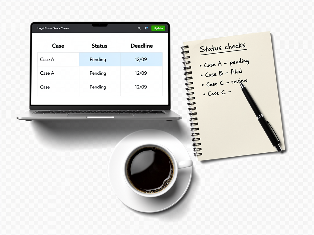 A legal status checks comparison screen is open beside handwritten notes and a coffee cup.