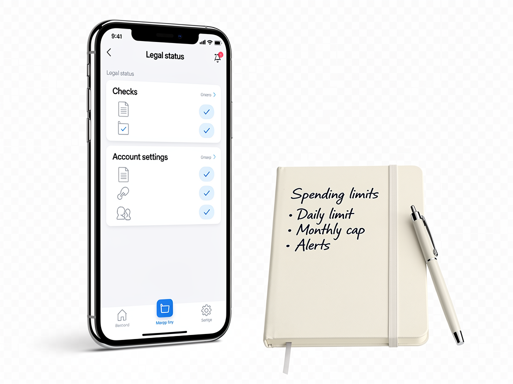 A phone shows legal status checks account settings with a small notebook of spending limits nearby.