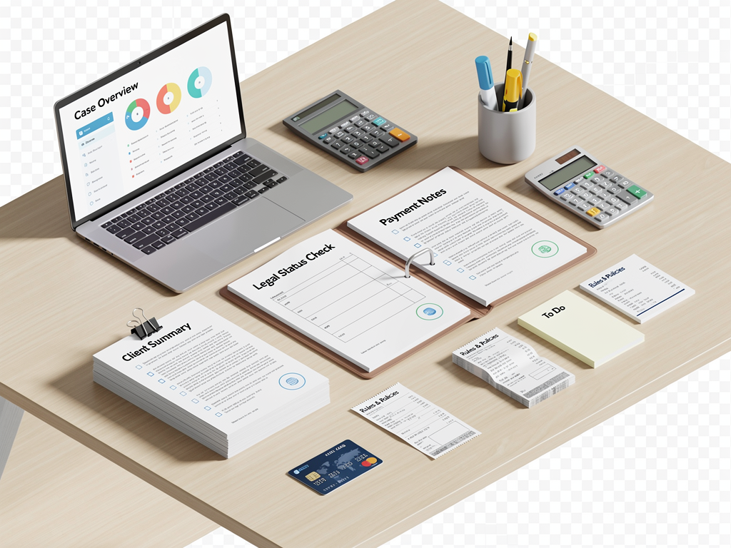 A calm desk setup presents legal status checks research with payment and rules notes on paper.