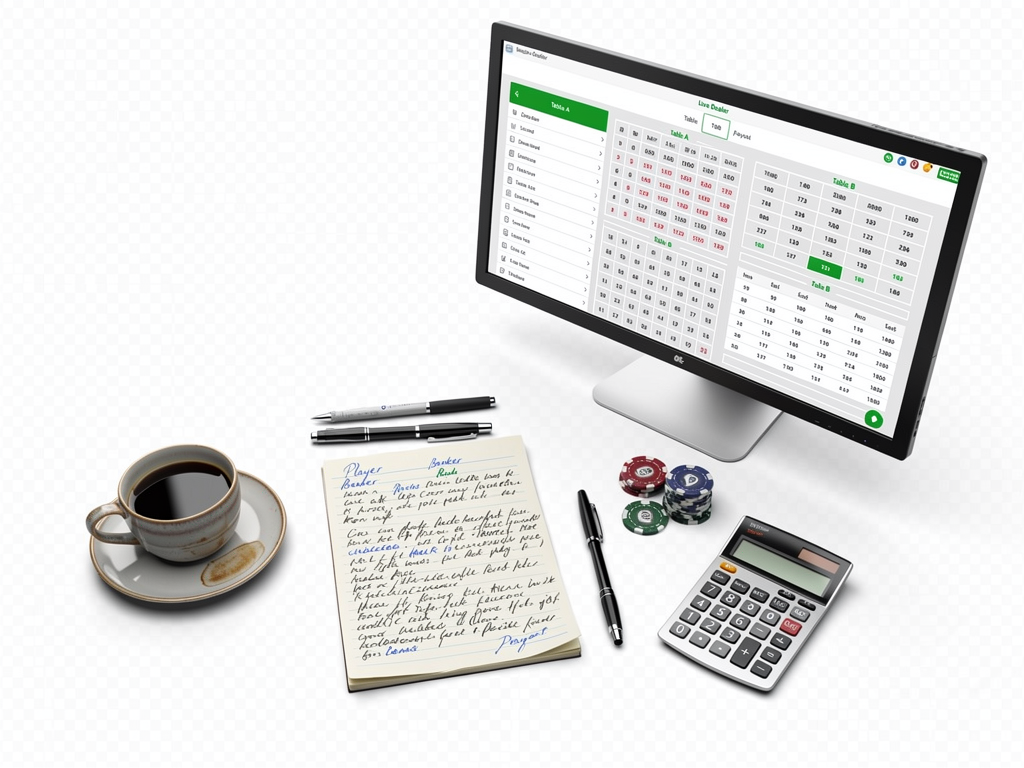 A live dealer checks comparison screen is open beside handwritten notes and a coffee cup.
