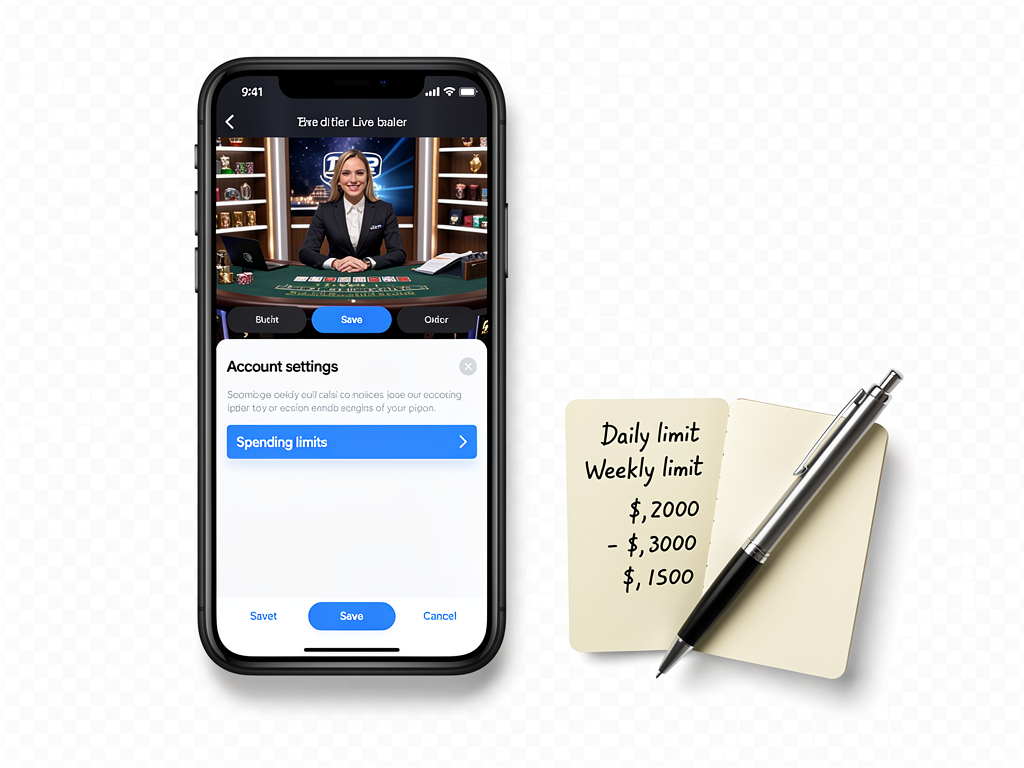 A phone shows live dealer checks account settings with a small notebook of spending limits nearby.