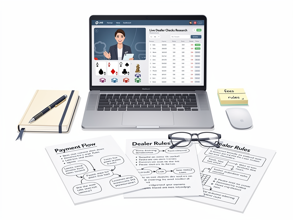 A calm desk setup presents live dealer checks research with payment and rules notes on paper.