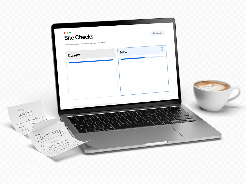 A new site checks comparison screen is open beside handwritten notes and a coffee cup.