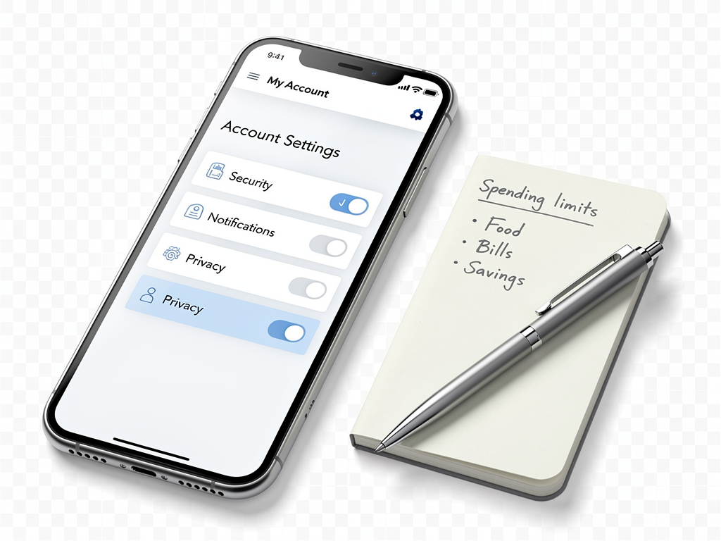 A phone shows new site checks account settings with a small notebook of spending limits nearby.