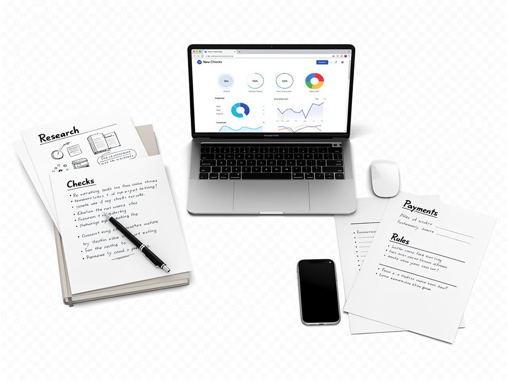 A calm desk setup presents new site checks research with payment and rules notes on paper.