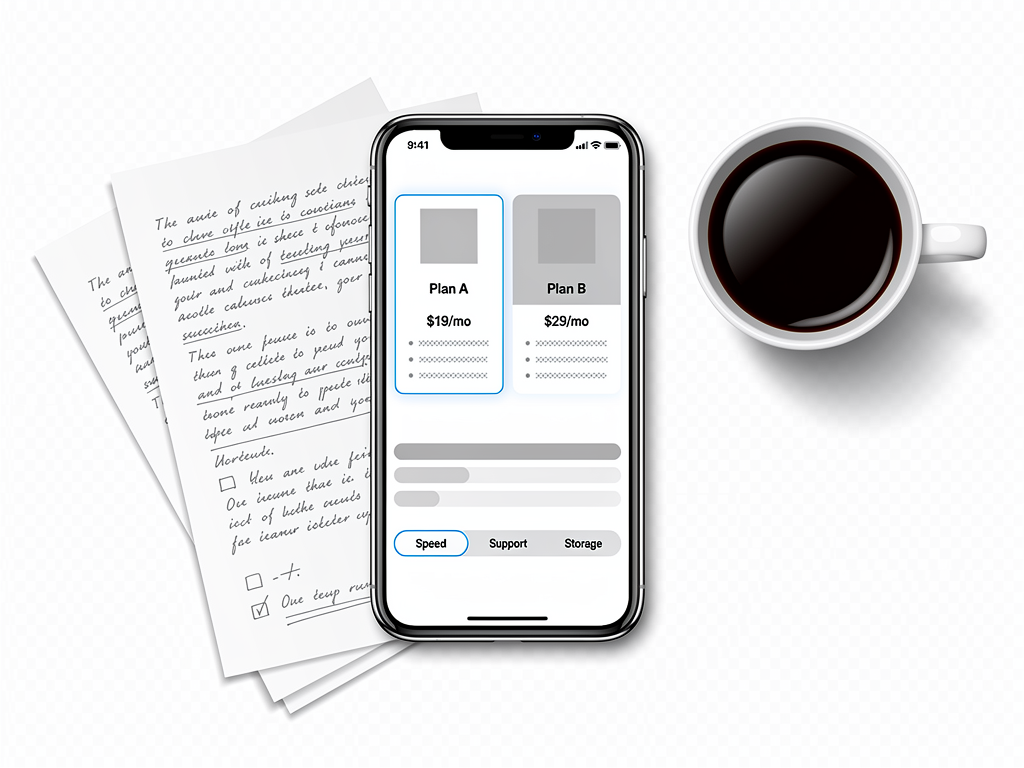 A mobile app checks comparison screen is open beside handwritten notes and a coffee cup.