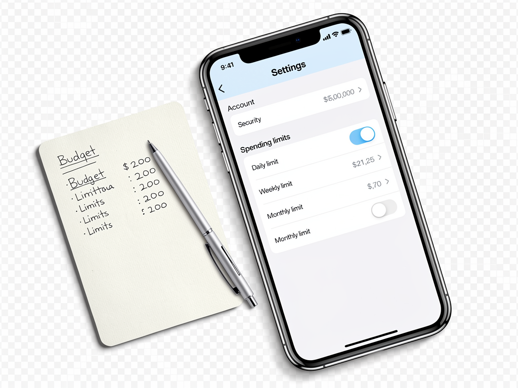 A phone shows mobile app checks account settings with a small notebook of spending limits nearby.