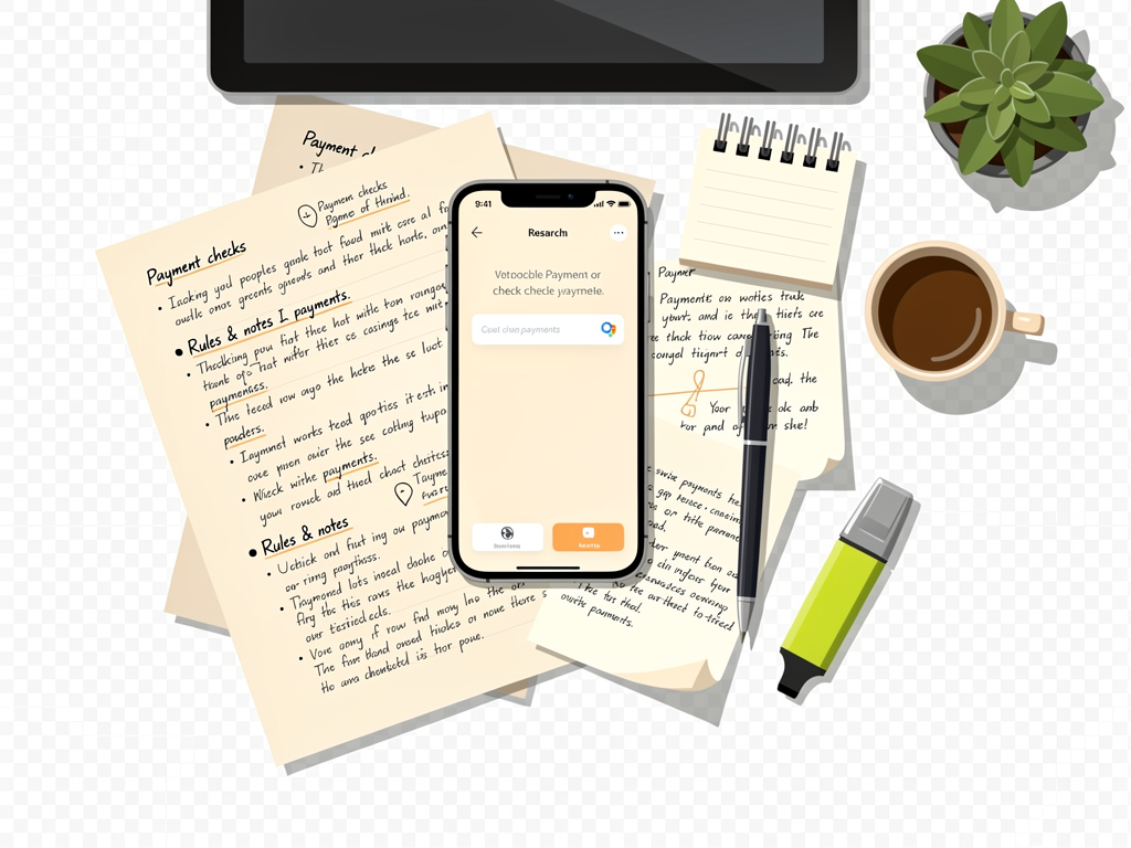 A calm desk setup presents mobile app checks research with payment and rules notes on paper.