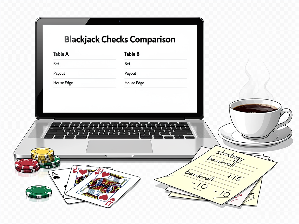 A blackjack table checks comparison screen is open beside handwritten notes and a coffee cup.
