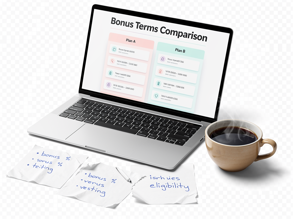 A bonus term checks comparison screen is open beside handwritten notes and a coffee cup.