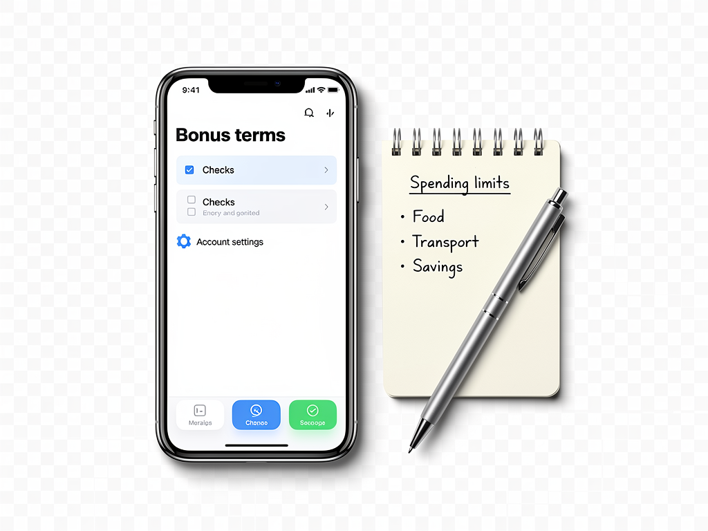 A phone shows bonus term checks account settings with a small notebook of spending limits nearby.