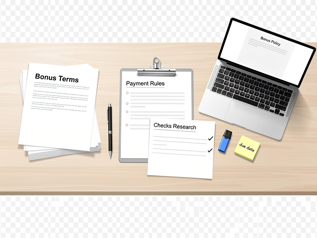 A calm desk setup presents bonus term checks research with payment and rules notes on paper.