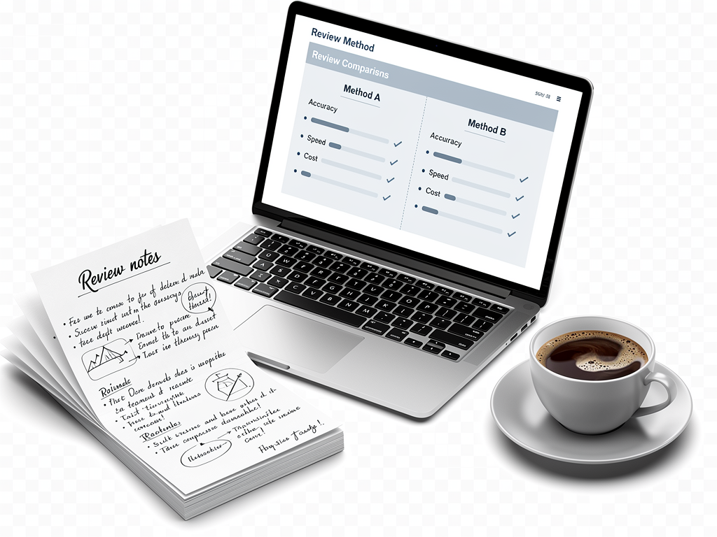 A review method checks comparison screen is open beside handwritten notes and a coffee cup.