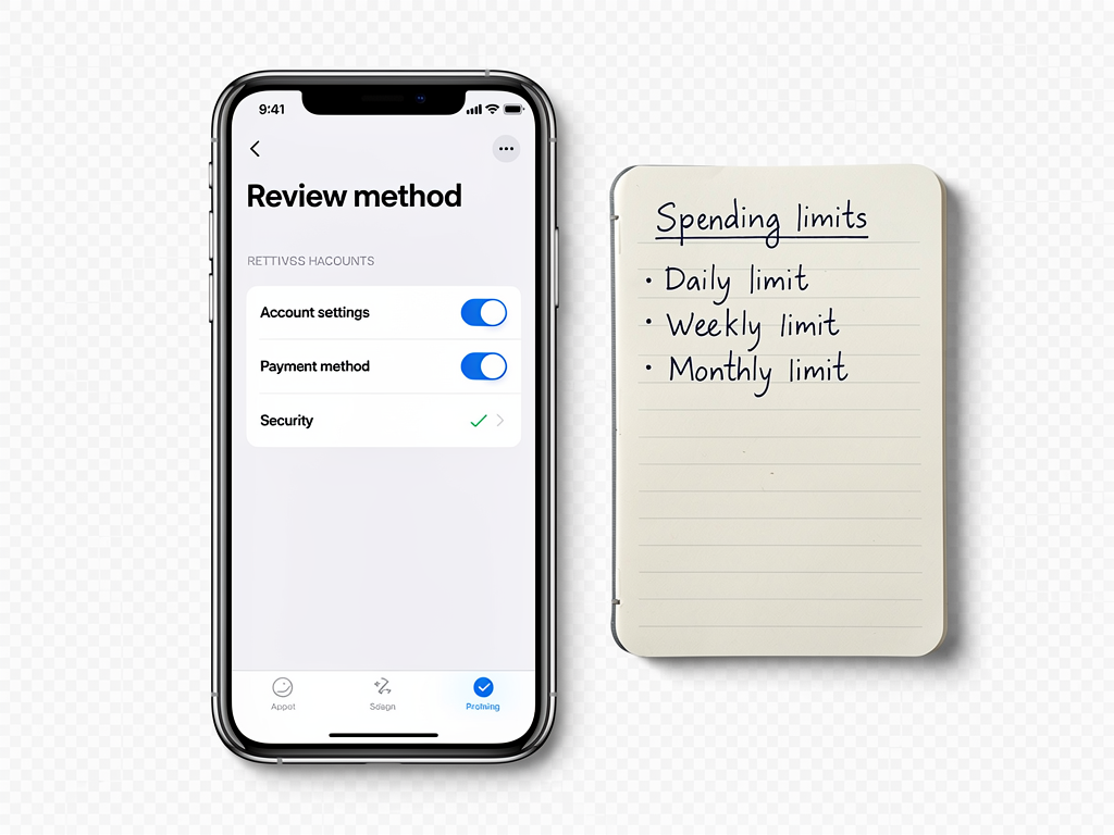 A phone shows review method checks account settings with a small notebook of spending limits nearby.