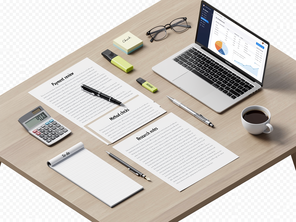 A calm desk setup presents review method checks research with payment and rules notes on paper.