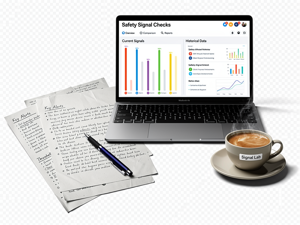 A safety signal checks comparison screen is open beside handwritten notes and a coffee cup.