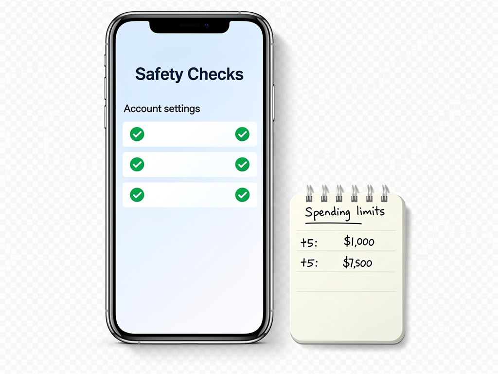 A phone shows safety signal checks account settings with a small notebook of spending limits nearby.