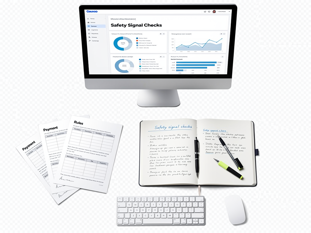 A calm desk setup presents safety signal checks research with payment and rules notes on paper.